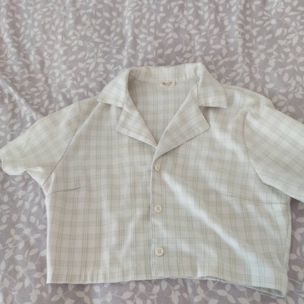 Brandy Melville pink and white plaid button down crop top